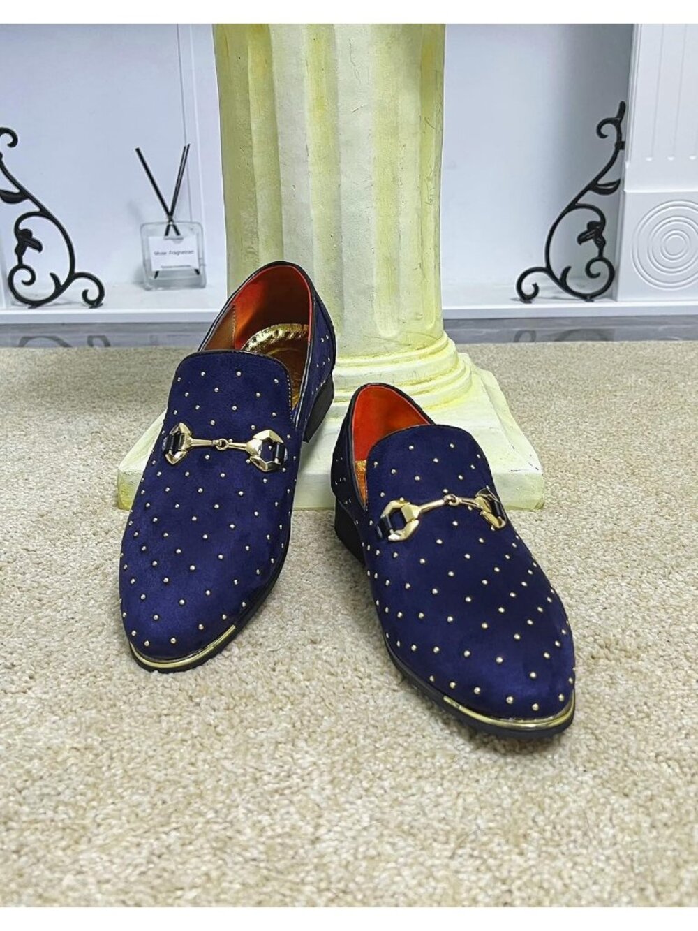 Men's Blue Suede Leather Loafers Gold Rivet Buckle Slip On Party Dress Shoes - Picture 5 of 6